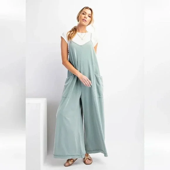 New Easel Dusty Blue Mineral Washed Cotton Jumpsuit